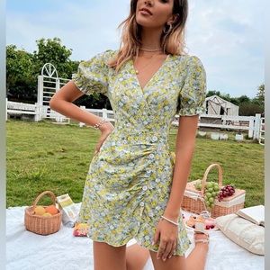 V Neck Floral Print Button Front Wrap Dress